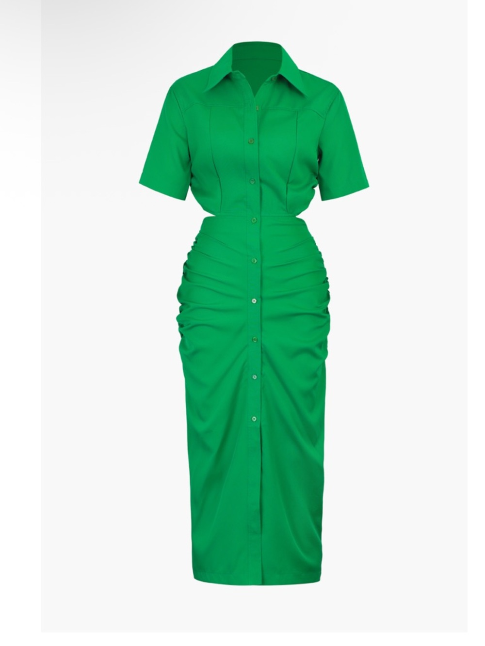 Green Midi Shirt Dress with Ruched Waist